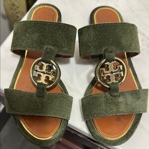 Tory Burch Forest Green Suede Slides